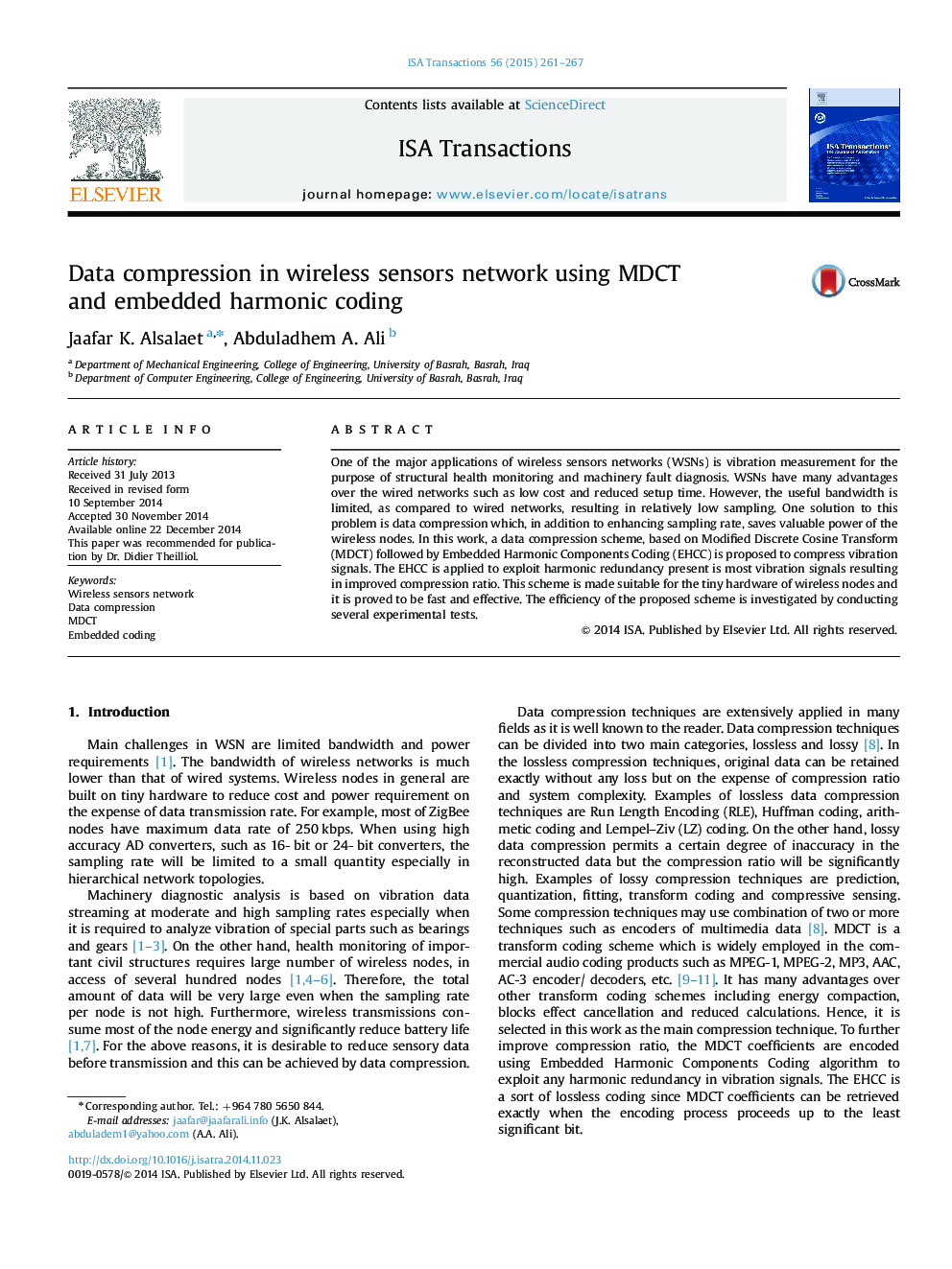 Research ArticleData compression in wireless sensors network using MDCT and embedded harmonic coding