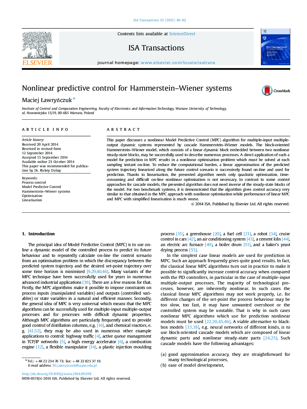 Nonlinear predictive control for Hammerstein-Wiener systems