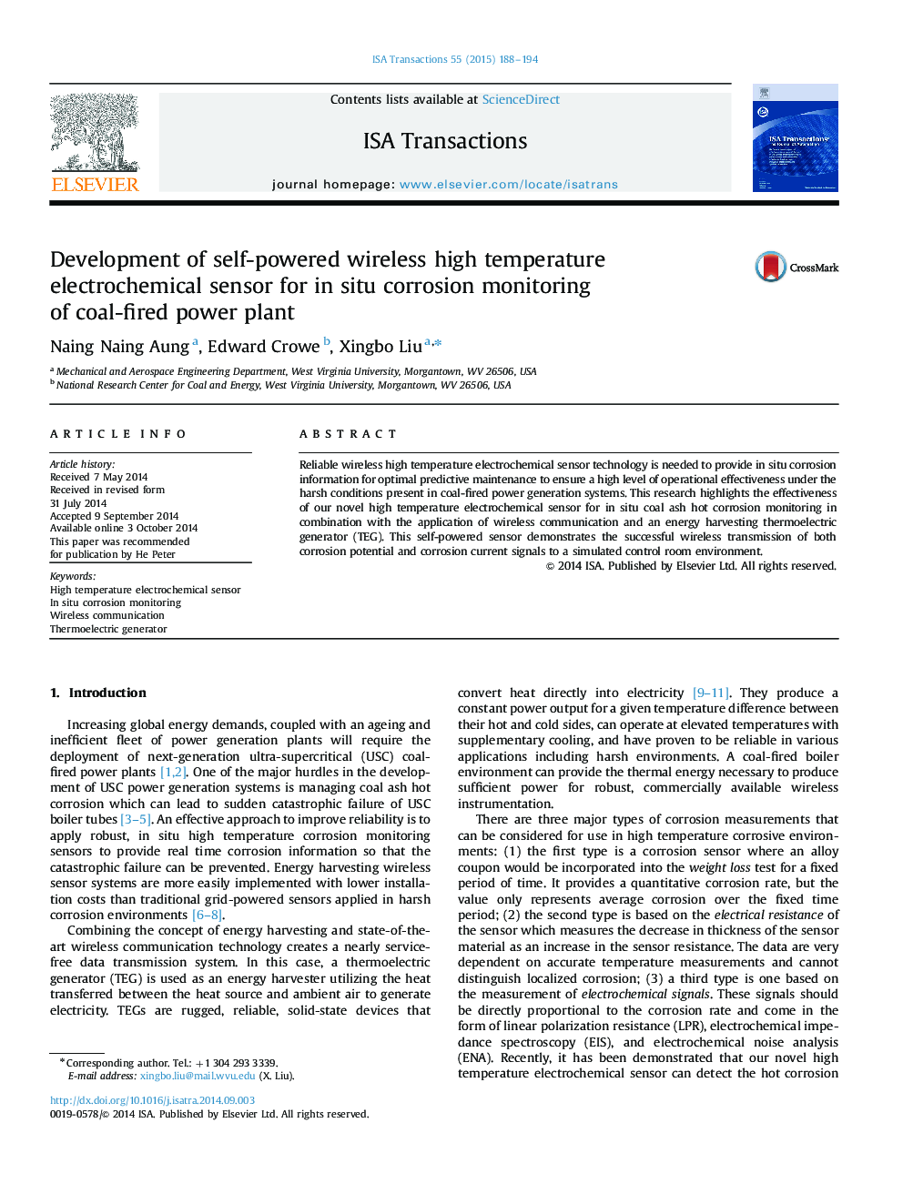 Research ArticleDevelopment of self-powered wireless high temperature electrochemical sensor for in situ corrosion monitoring of coal-fired power plant