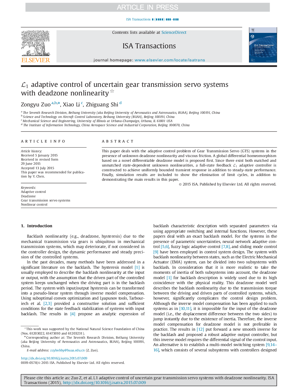 L1 adaptive control of uncertain gear transmission servo systems with deadzone nonlinearity