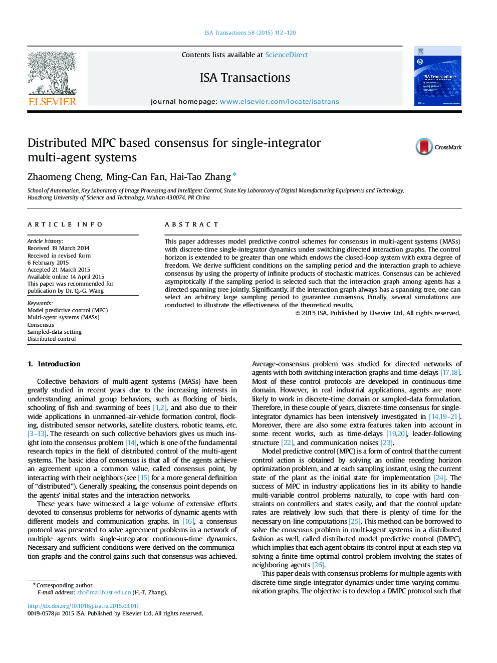 Distributed MPC based consensus for single-integrator multi-agent systems