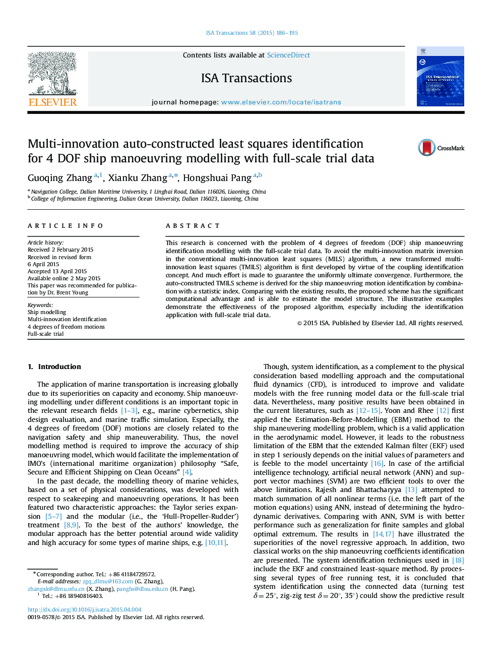 Multi-innovation auto-constructed least squares identification for 4 DOF ship manoeuvring modelling with full-scale trial data