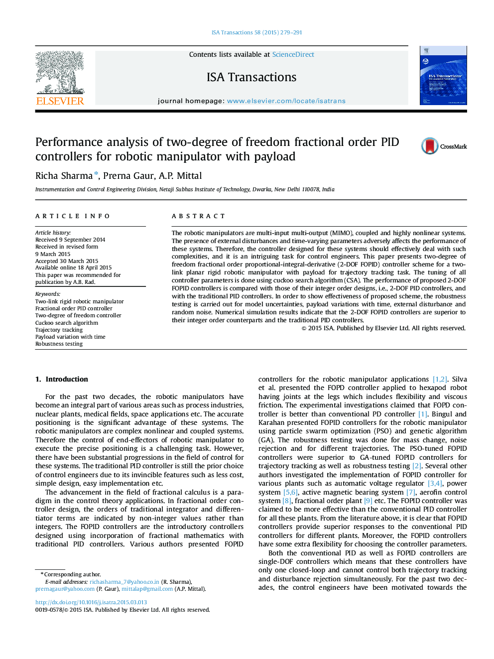 عکس صفحه اول مقاله: Practice articlePerformance analysis of two-degree of freedom fractional order PID controllers for robotic manipulator with payload Practice articlePerformance analysis of two-degree of freedom fractional order PID controllers for robotic manipulator with payload
