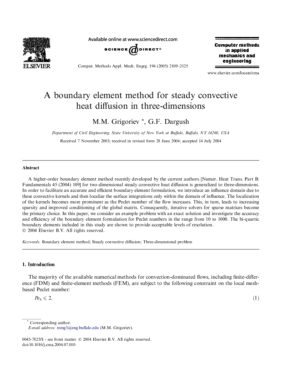 A boundary element method for steady convective heat diffusion in three-dimensions