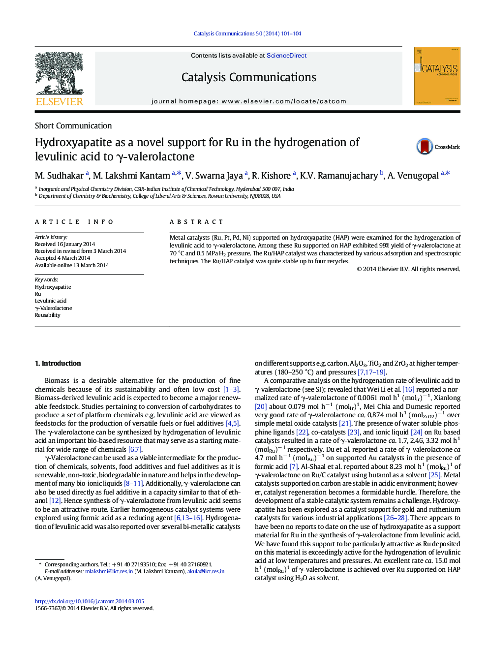 Hydroxyapatite as a novel support for Ru in the hydrogenation of levulinic acid to γ-valerolactone