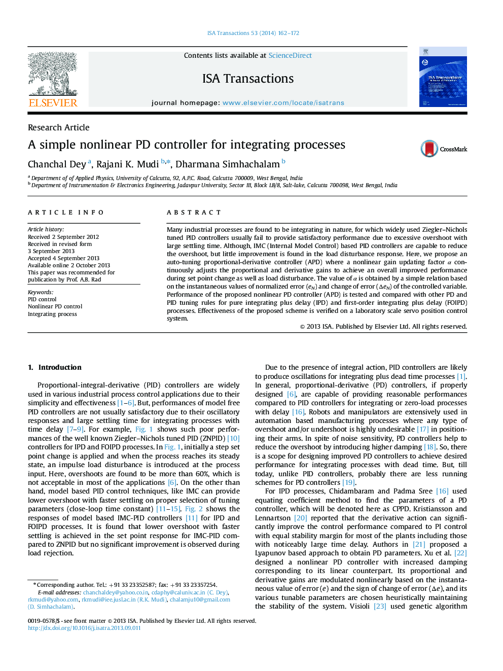 Research ArticleA simple nonlinear PD controller for integrating processes