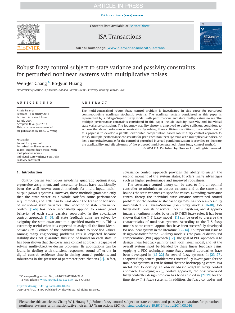 Robust fuzzy control subject to state variance and passivity constraints for perturbed nonlinear systems with multiplicative noises