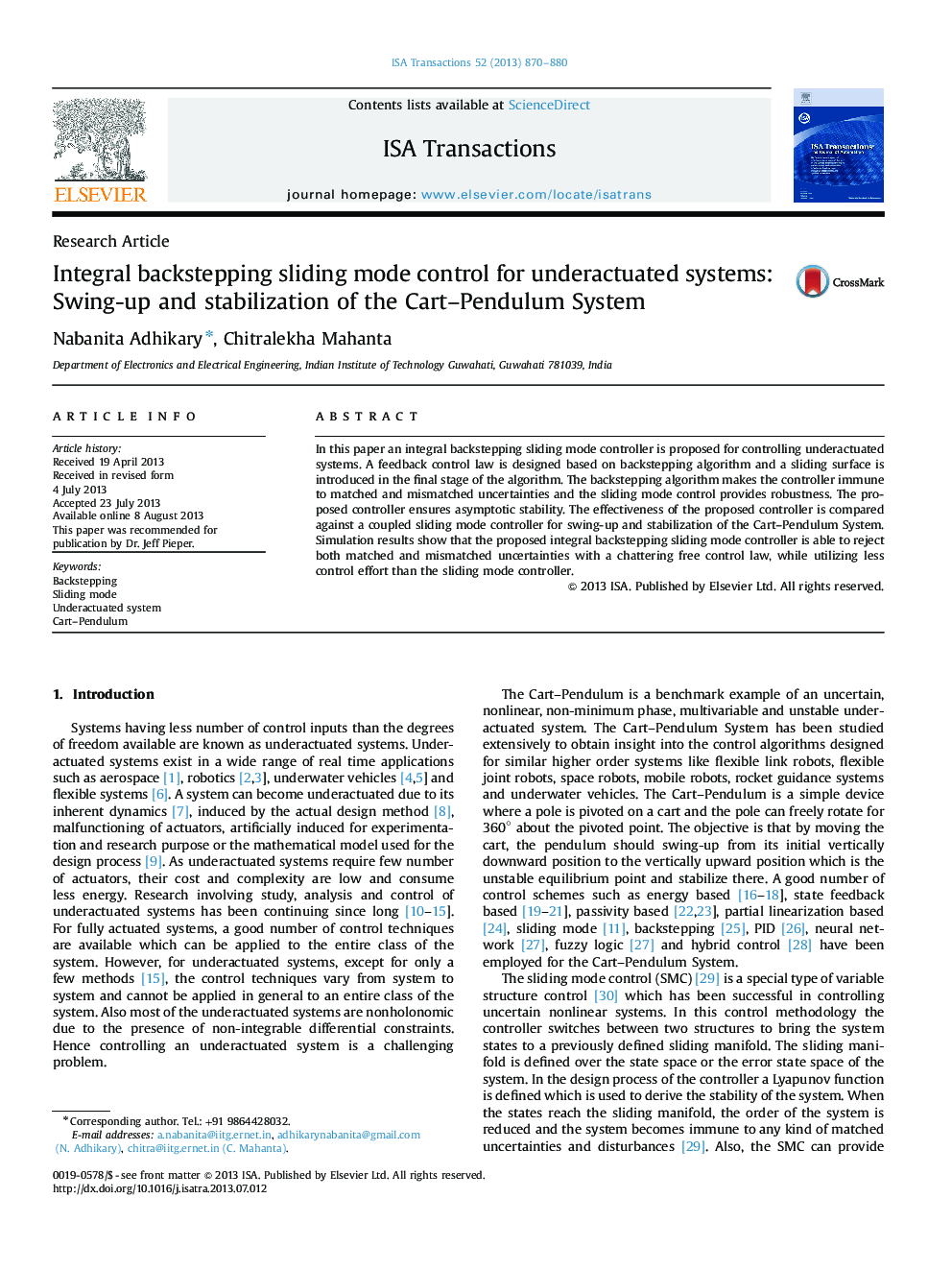 Research ArticleIntegral backstepping sliding mode control for underactuated systems: Swing-up and stabilization of the Cart-Pendulum System