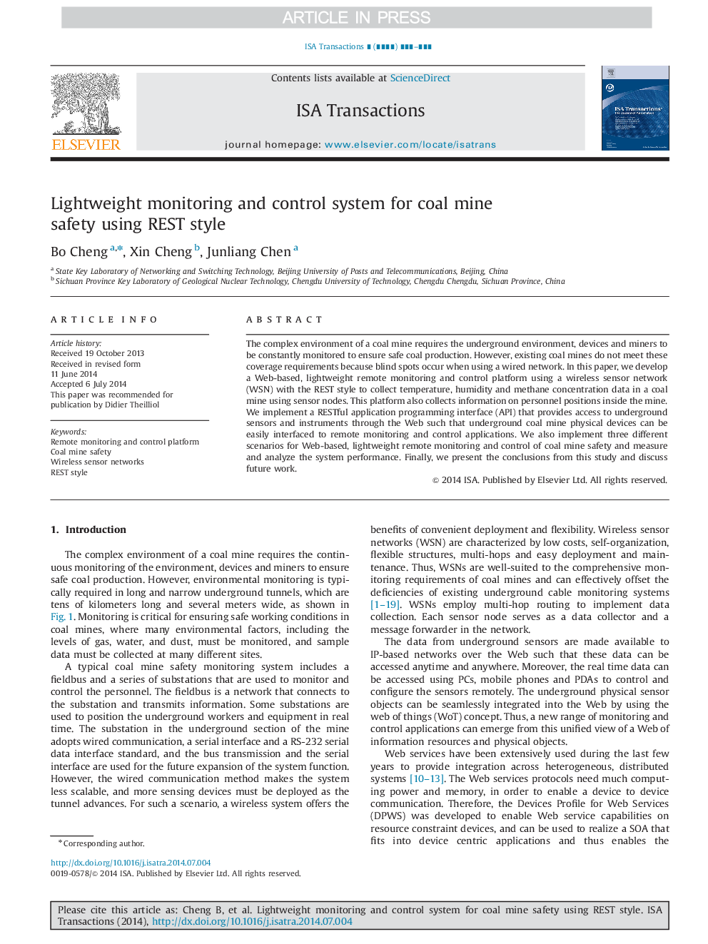 Lightweight monitoring and control system for coal mine safety using REST style