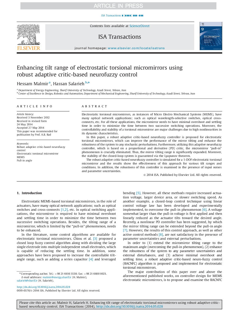 Enhancing tilt range of electrostatic torsional micromirrors using robust adaptive critic-based neurofuzzy control