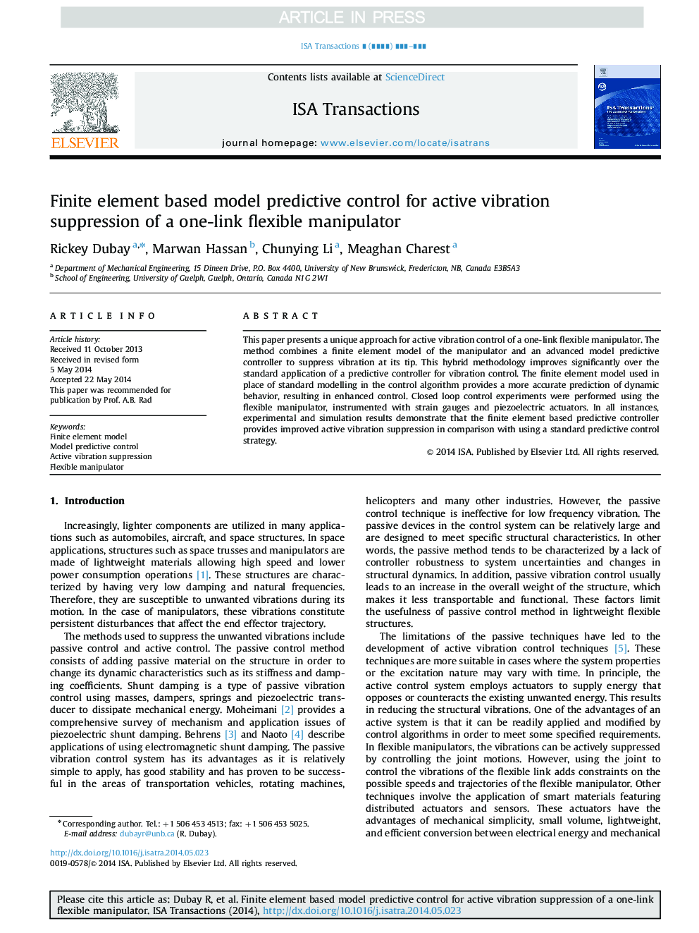 Finite element based model predictive control for active vibration suppression of a one-link flexible manipulator