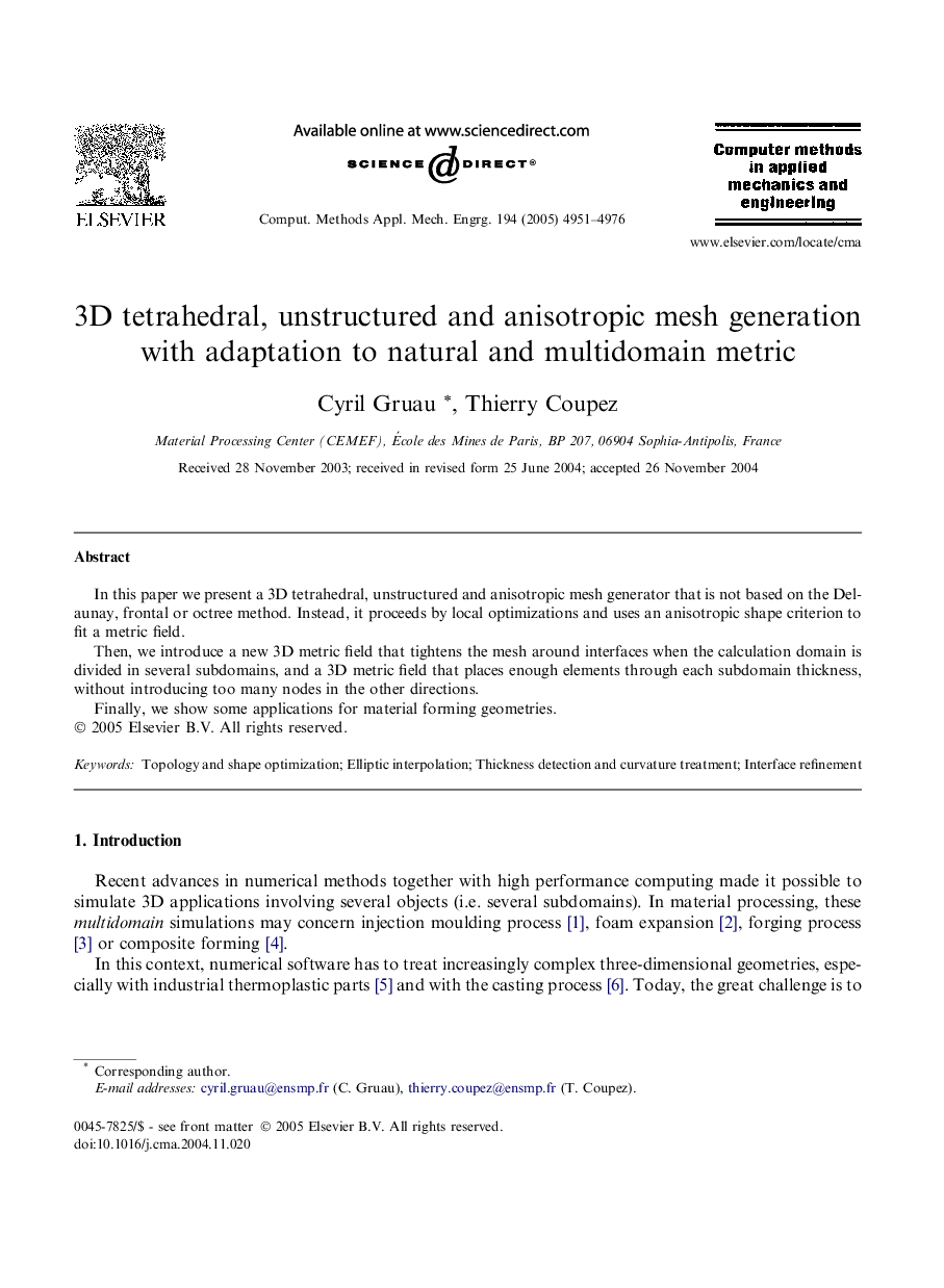 3D tetrahedral, unstructured and anisotropic mesh generation with adaptation to natural and multidomain metric