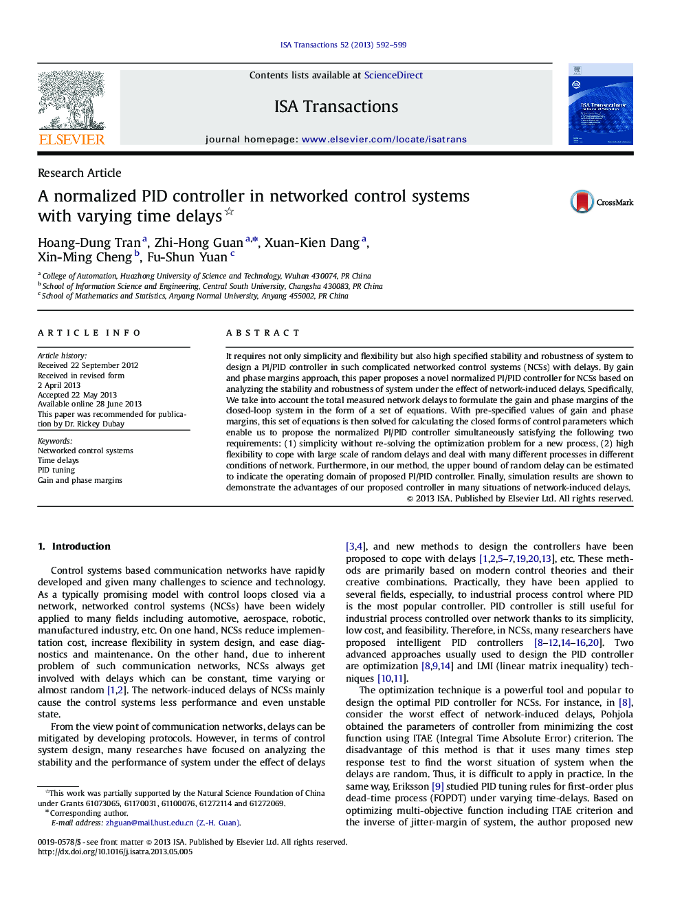 Research ArticleA normalized PID controller in networked control systems with varying time delays