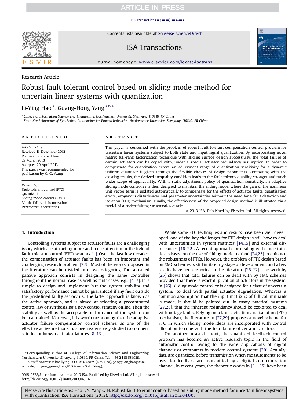 Robust fault tolerant control based on sliding mode method for uncertain linear systems with quantization