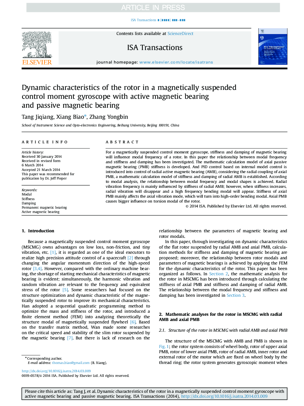 Dynamic characteristics of the rotor in a magnetically suspended control moment gyroscope with active magnetic bearing and passive magnetic bearing