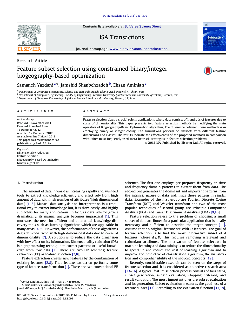 Feature subset selection using constrained binary/integer biogeography-based optimization