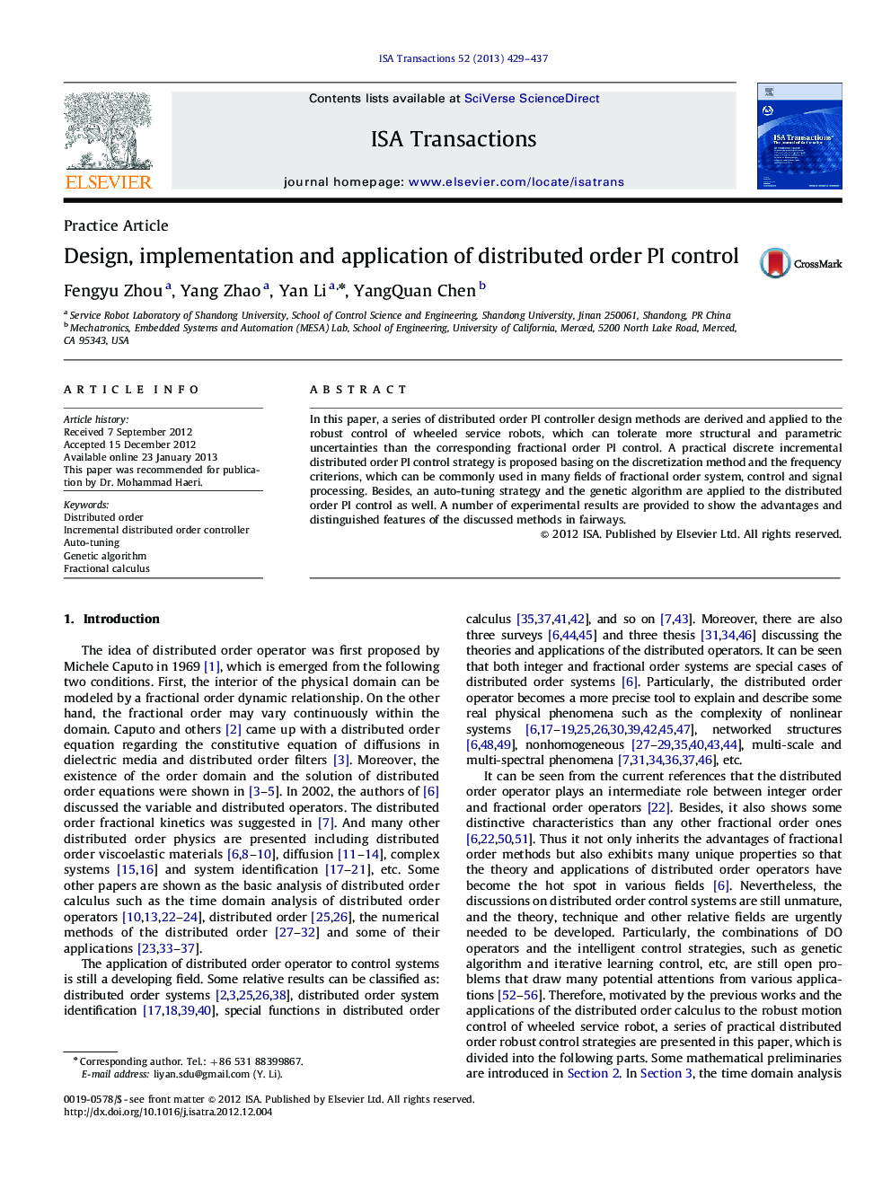 Practice ArticleDesign, implementation and application of distributed order PI control