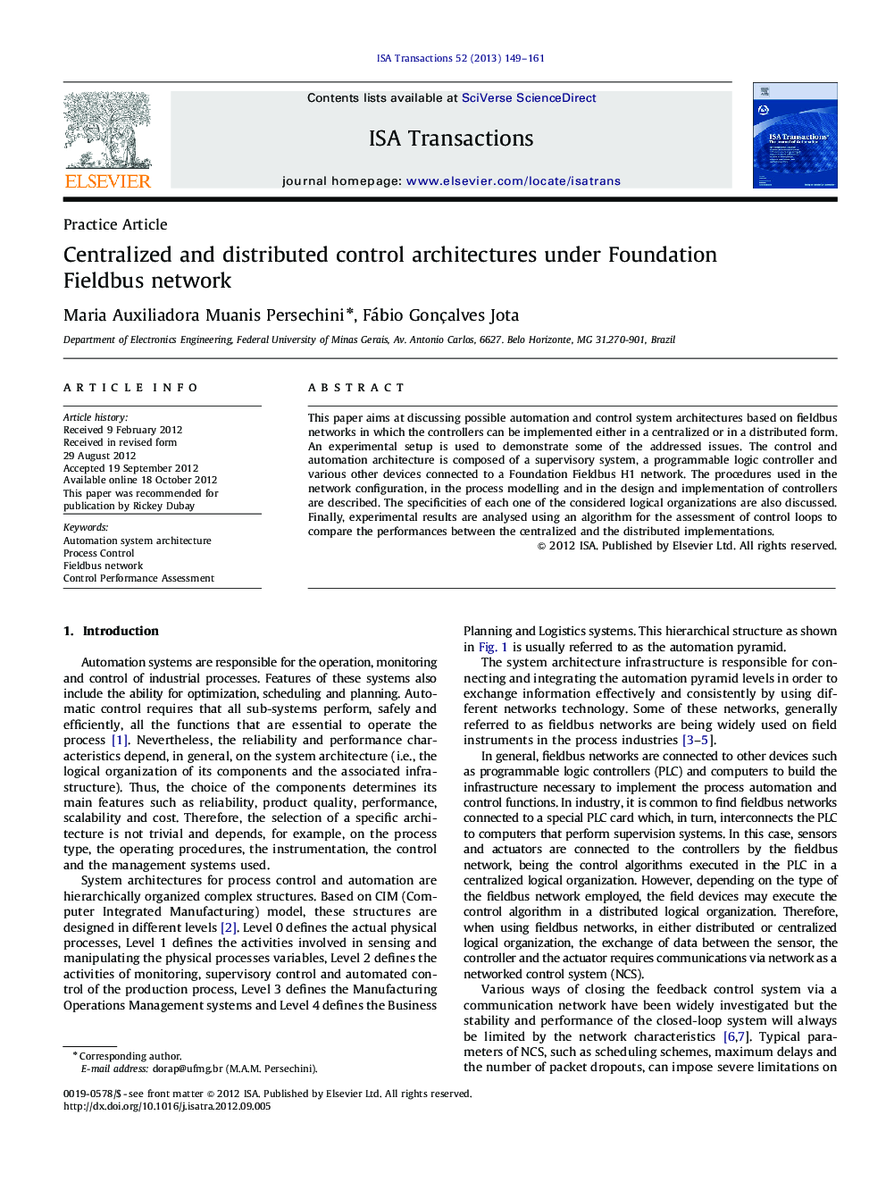 Centralized and distributed control architectures under Foundation Fieldbus network