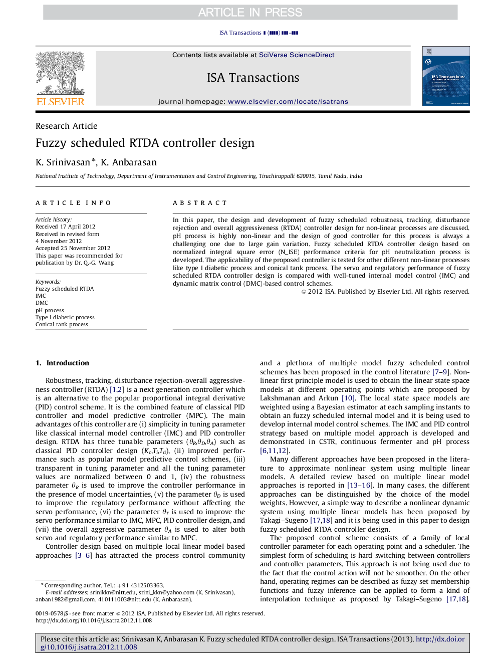 Fuzzy scheduled RTDA controller design