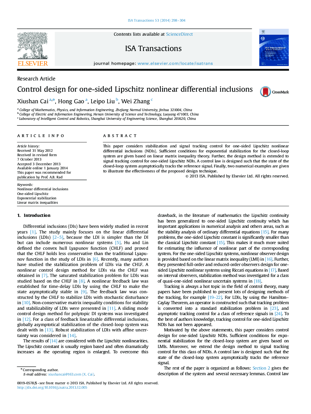 Control design for one-sided Lipschitz nonlinear differential inclusions