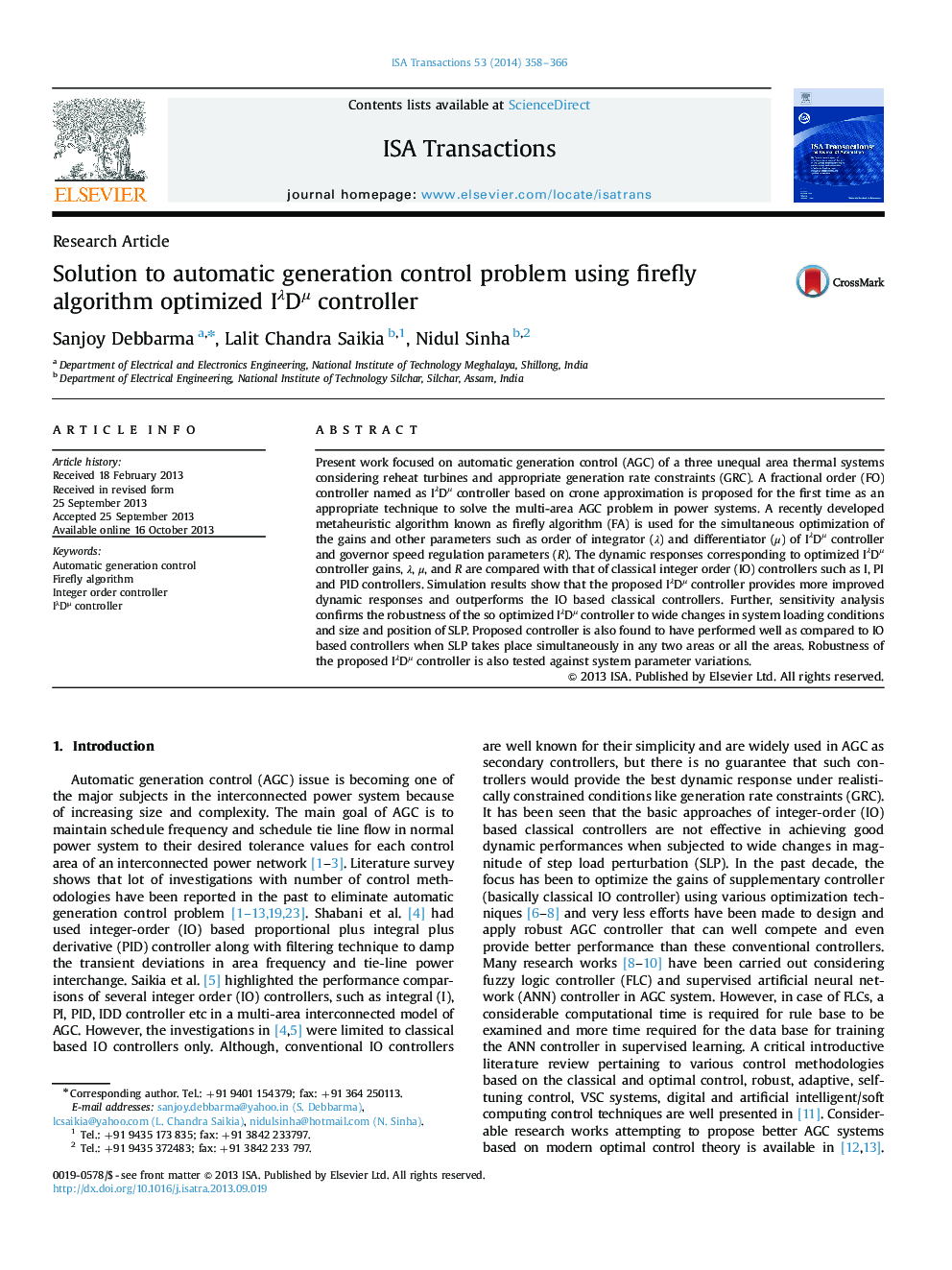 Solution to automatic generation control problem using firefly algorithm optimized IÎ»DÂµ controller