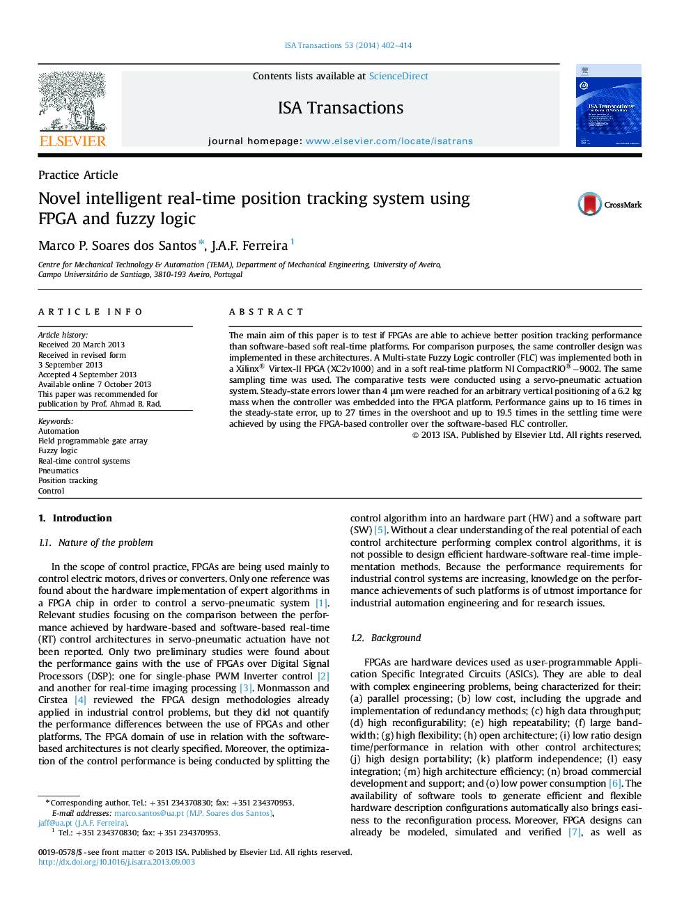 Practice ArticleNovel intelligent real-time position tracking system using FPGA and fuzzy logic