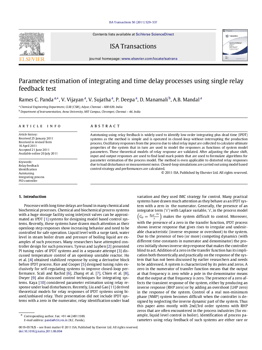 Parameter estimation of integrating and time delay processes using single relay feedback test