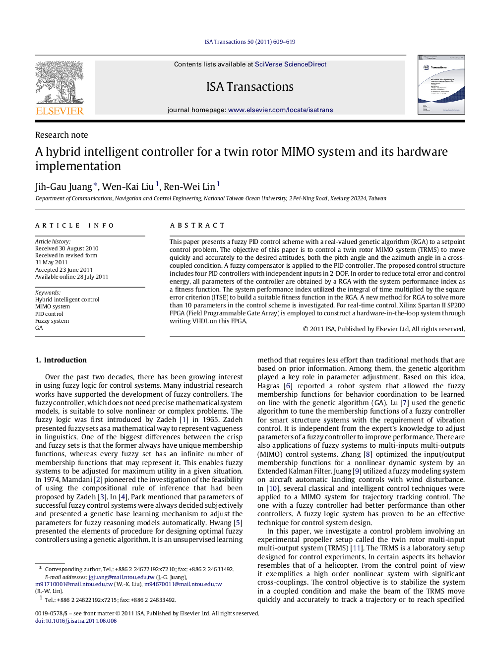 Research noteA hybrid intelligent controller for a twin rotor MIMO system and its hardware implementation