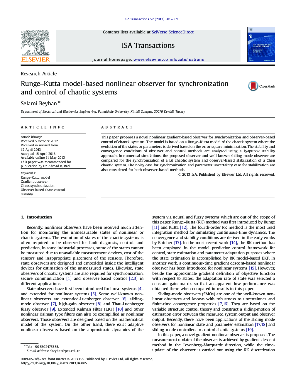 Runge-Kutta model-based nonlinear observer for synchronization and control of chaotic systems