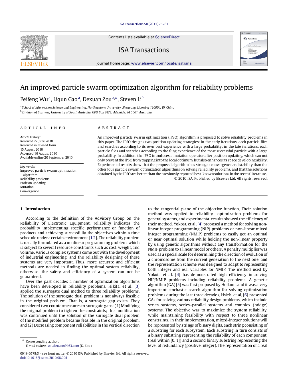 An improved particle swarm optimization algorithm for reliability problems