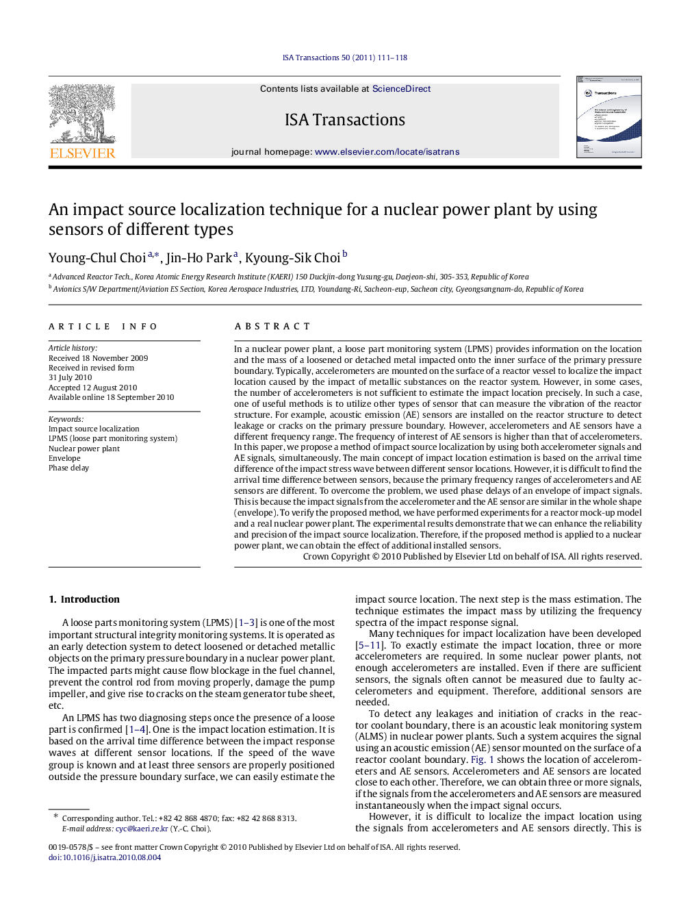 An impact source localization technique for a nuclear power plant by using sensors of different types