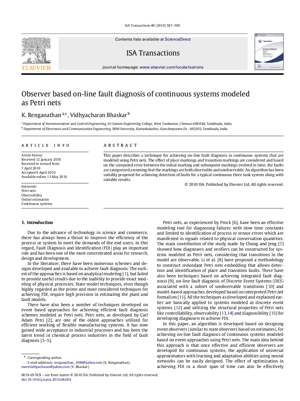 Observer based on-line fault diagnosis of continuous systems modeled as Petri nets