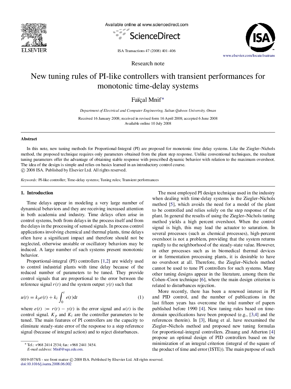 Research noteNew tuning rules of PI-like controllers with transient performances for monotonic time-delay systems