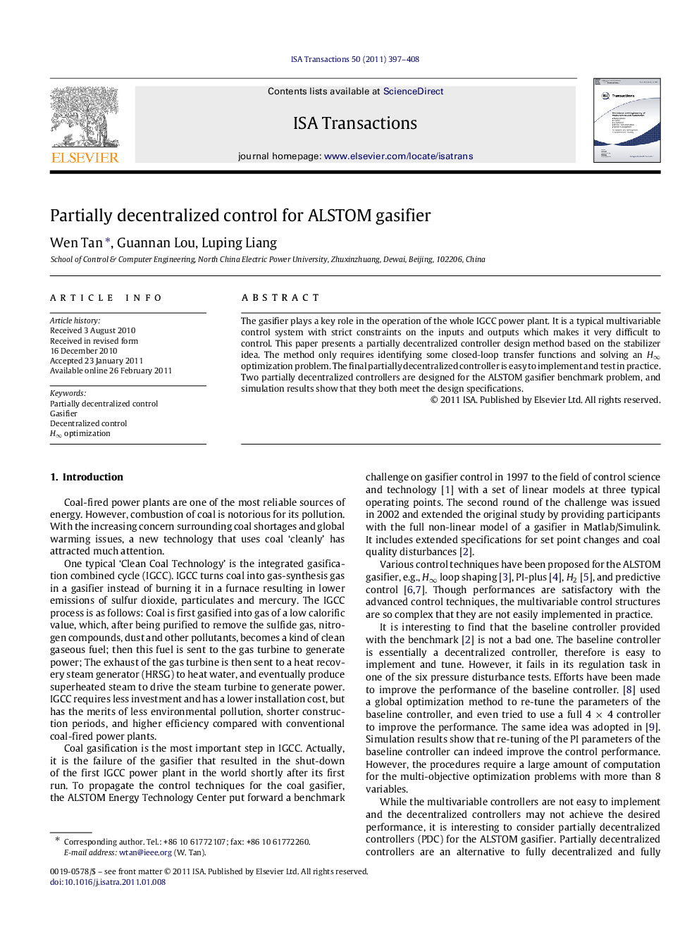 Partially decentralized control for ALSTOM gasifier