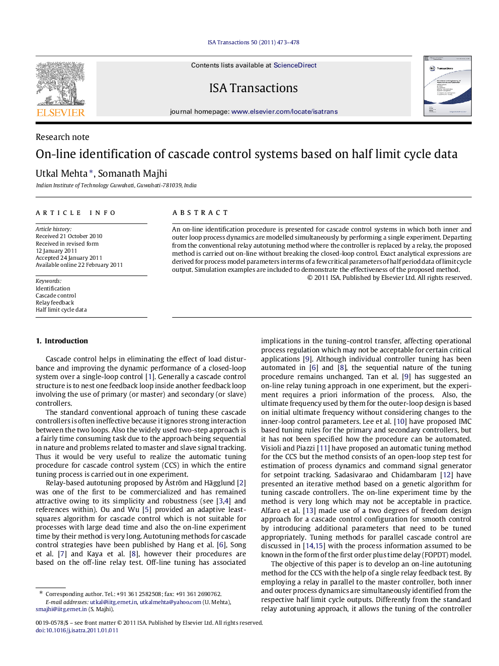 Research noteOn-line identification of cascade control systems based on half limit cycle data