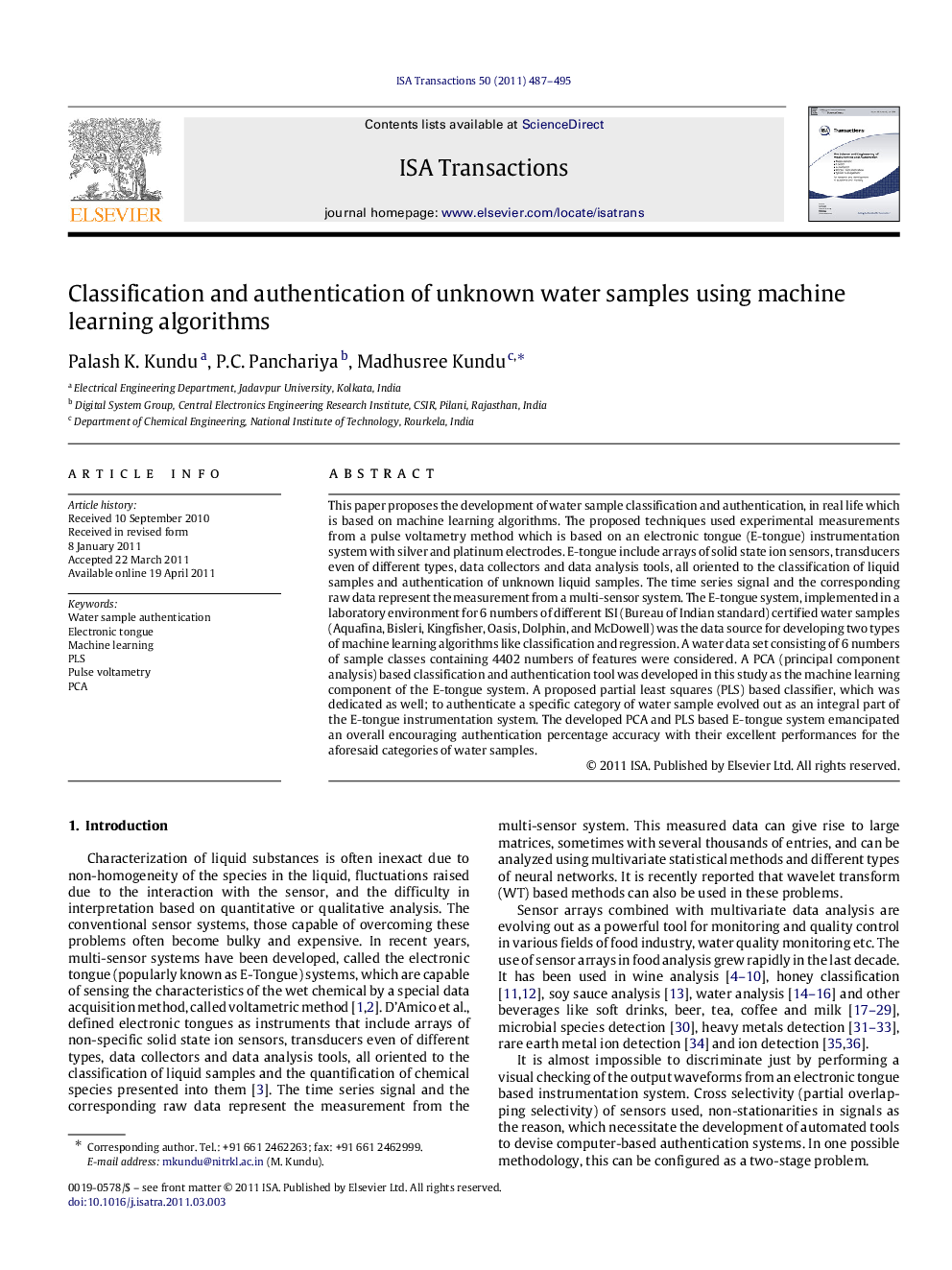 Classification and authentication of unknown water samples using machine learning algorithms