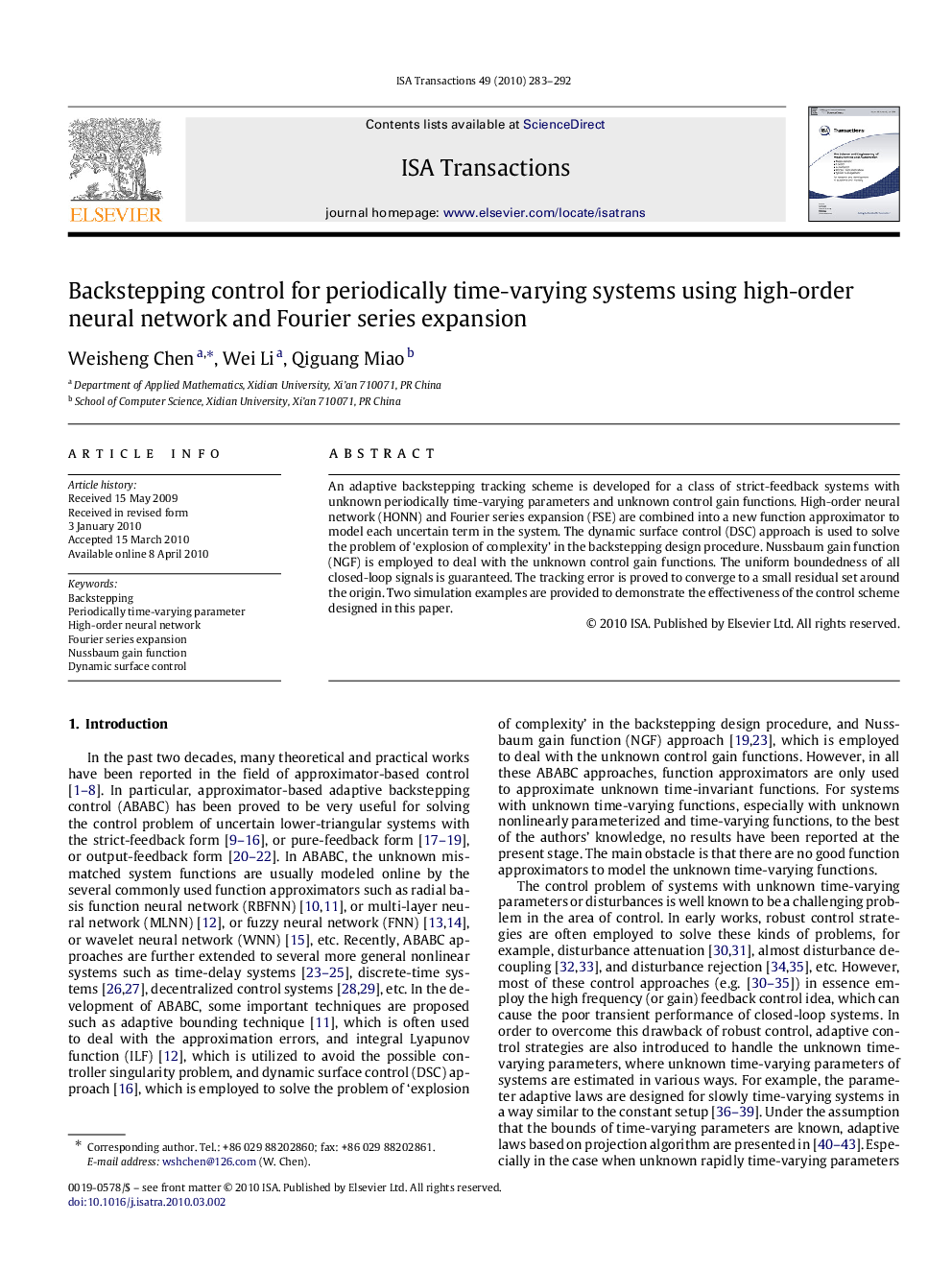 Backstepping control for periodically time-varying systems using high-order neural network and Fourier series expansion