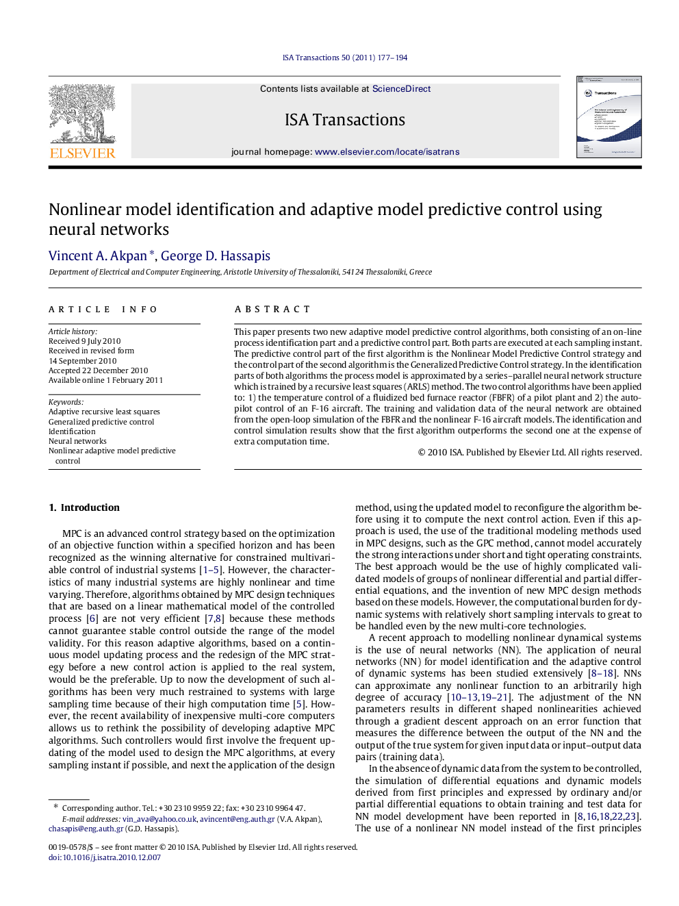 Nonlinear model identification and adaptive model predictive control using neural networks