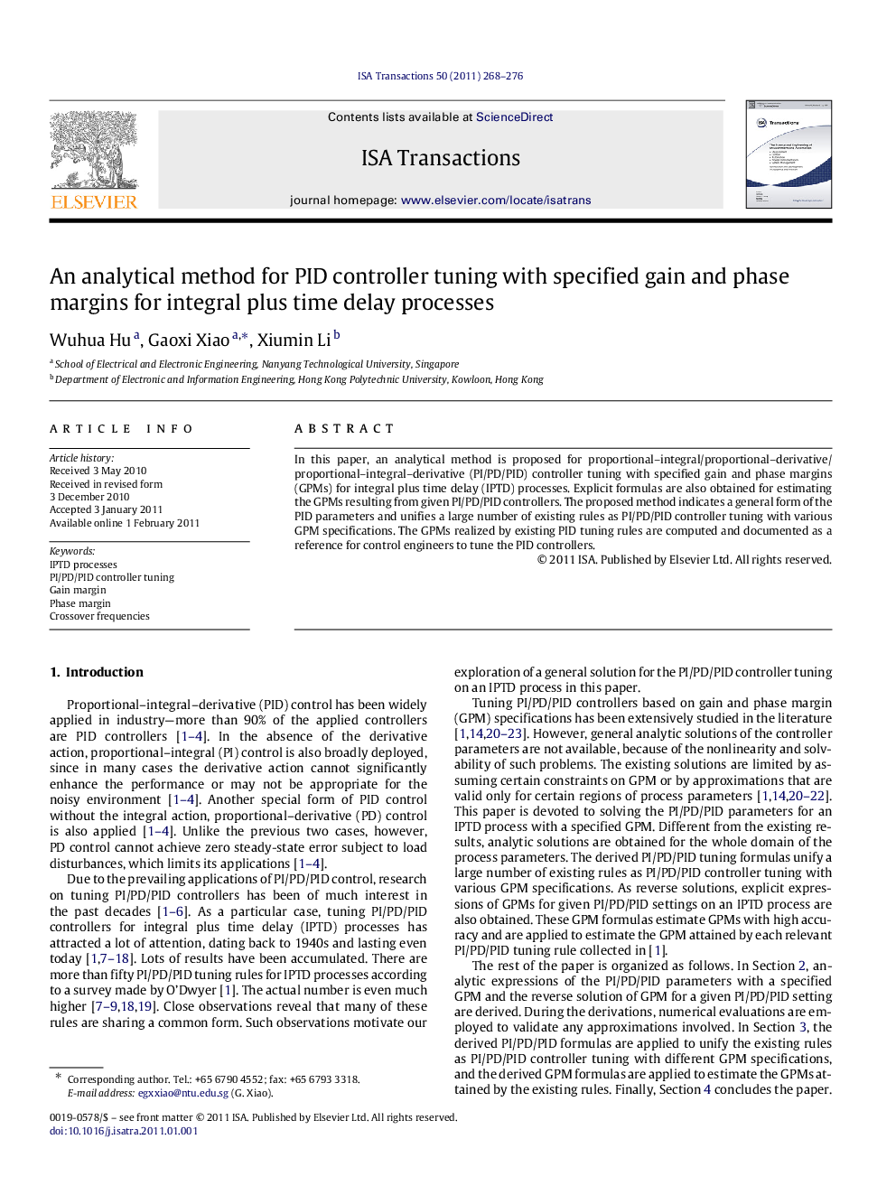 An analytical method for PID controller tuning with specified gain and phase margins for integral plus time delay processes