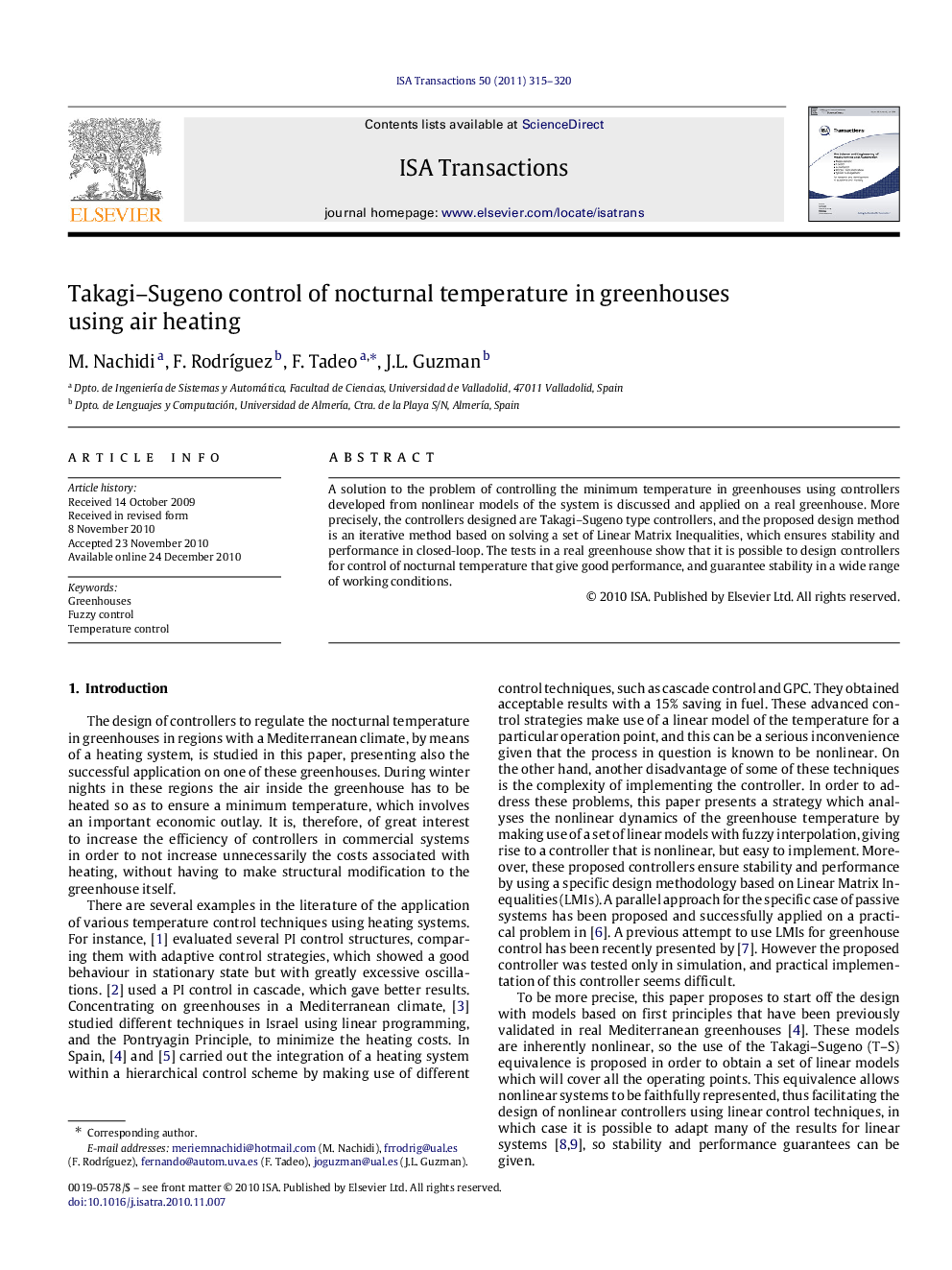 Takagi-Sugeno control of nocturnal temperature in greenhouses using air heating