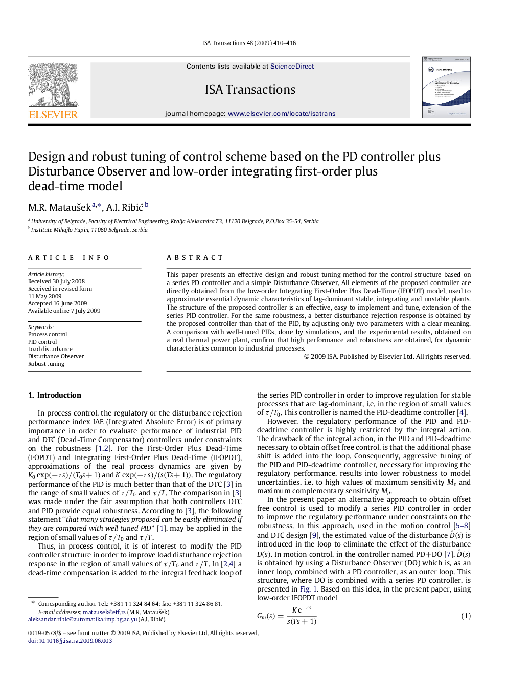 Design and robust tuning of control scheme based on the PD controller plus Disturbance Observer and low-order integrating first-order plus dead-time model