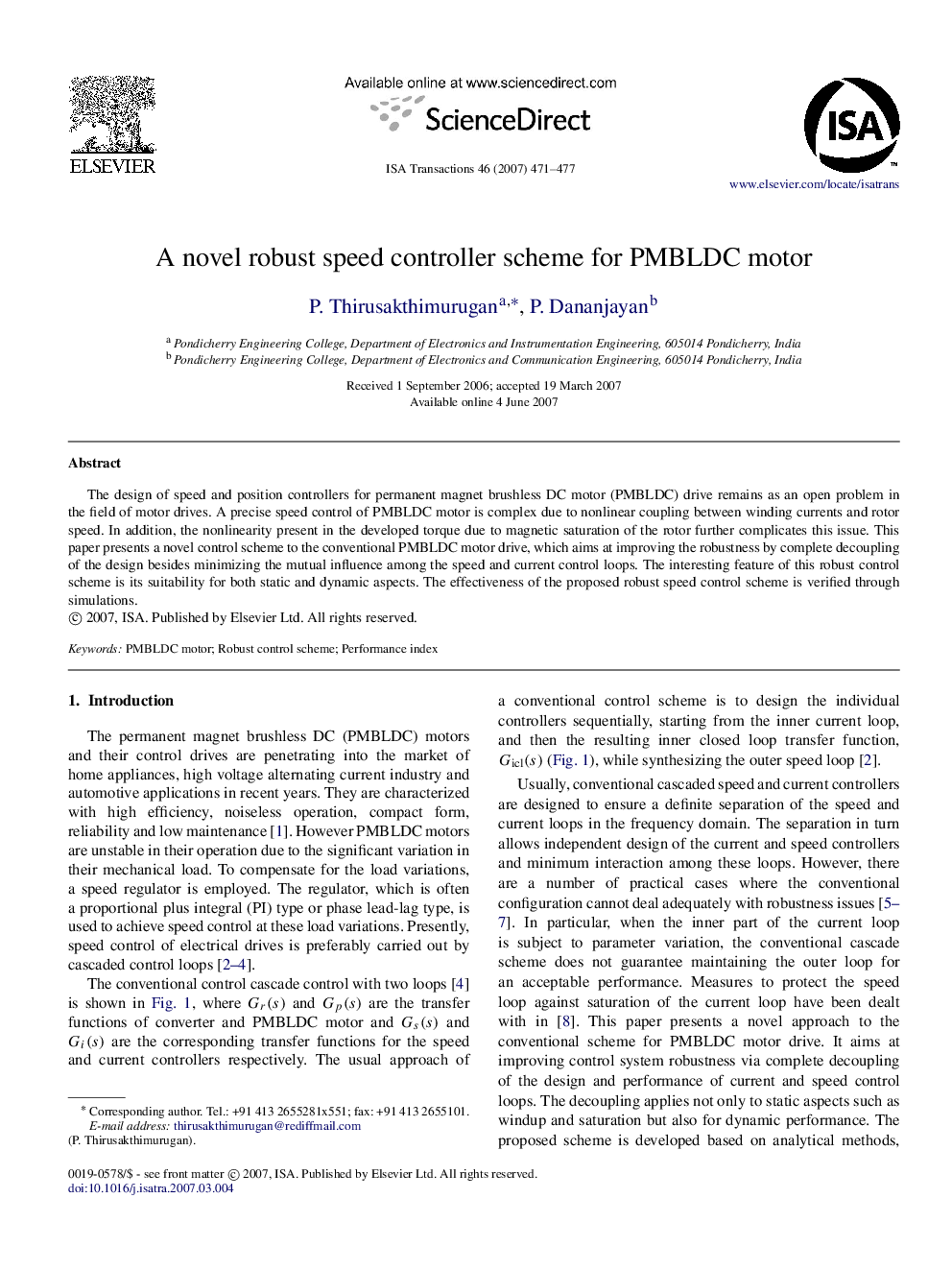 A novel robust speed controller scheme for PMBLDC motor