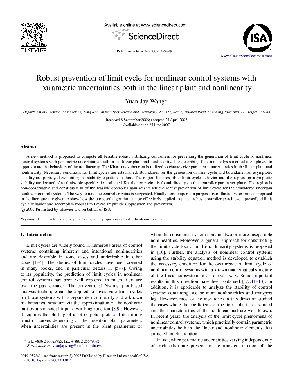 Robust prevention of limit cycle for nonlinear control systems with parametric uncertainties both in the linear plant and nonlinearity