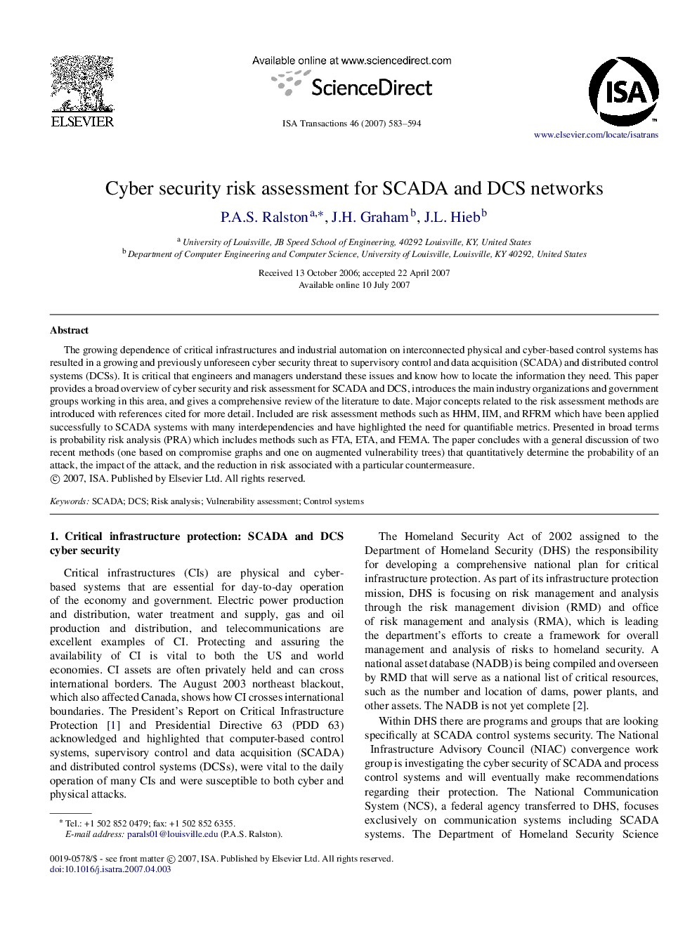 Cyber security risk assessment for SCADA and DCS networks