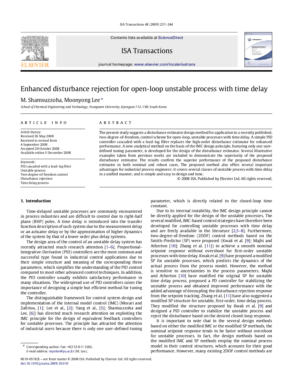 Enhanced disturbance rejection for open-loop unstable process with time delay