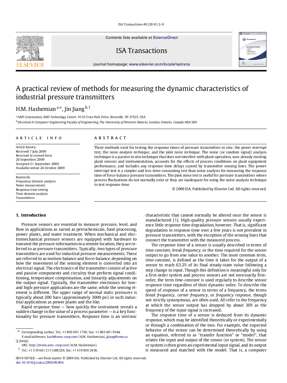 A practical review of methods for measuring the dynamic characteristics of industrial pressure transmitters