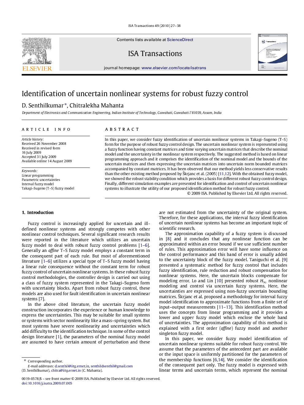 Identification of uncertain nonlinear systems for robust fuzzy control