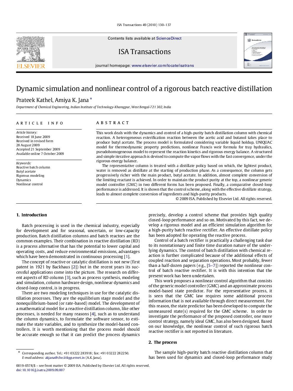 Dynamic simulation and nonlinear control of a rigorous batch reactive distillation