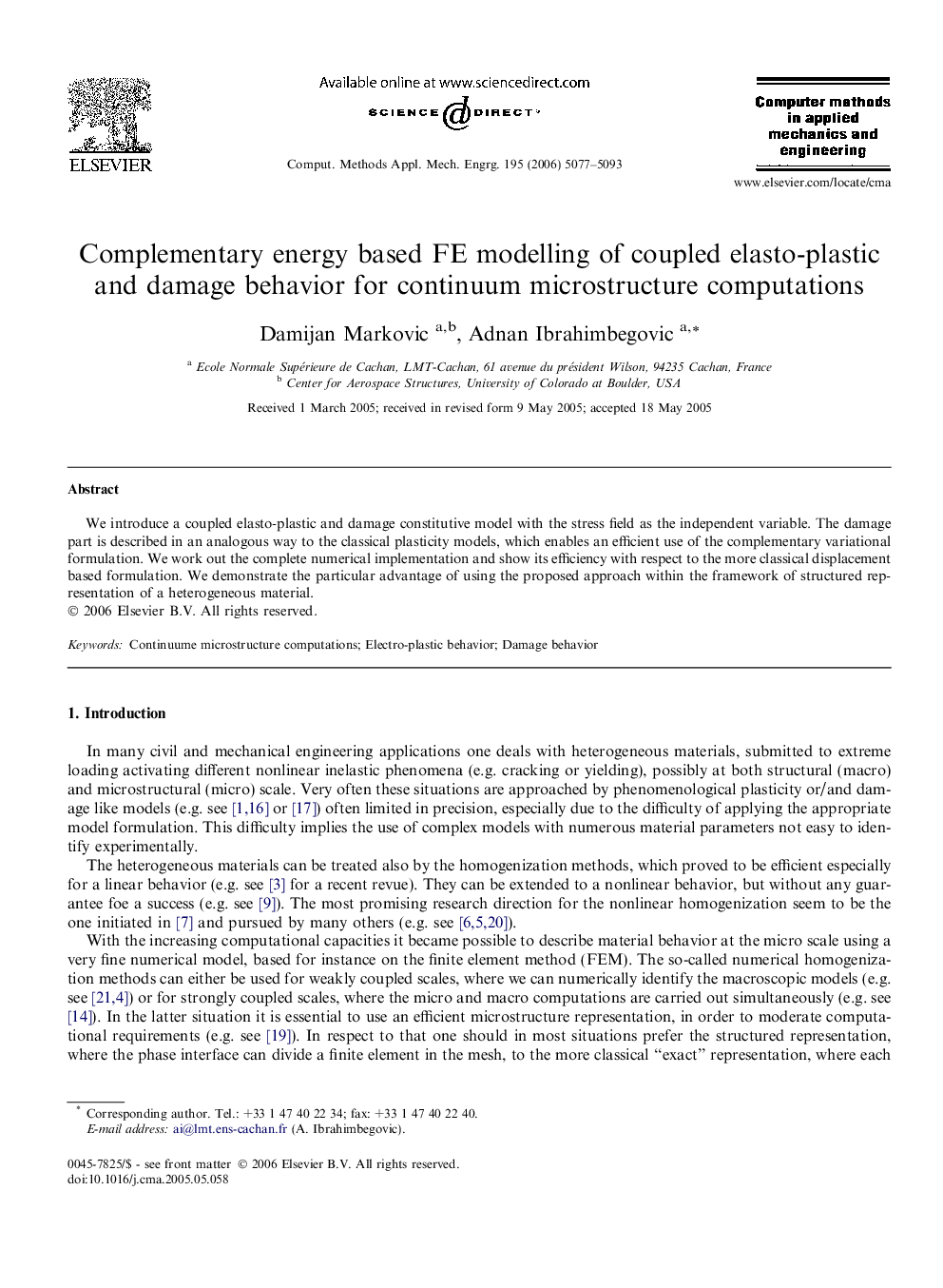 Complementary energy based FE modelling of coupled elasto-plastic and damage behavior for continuum microstructure computations