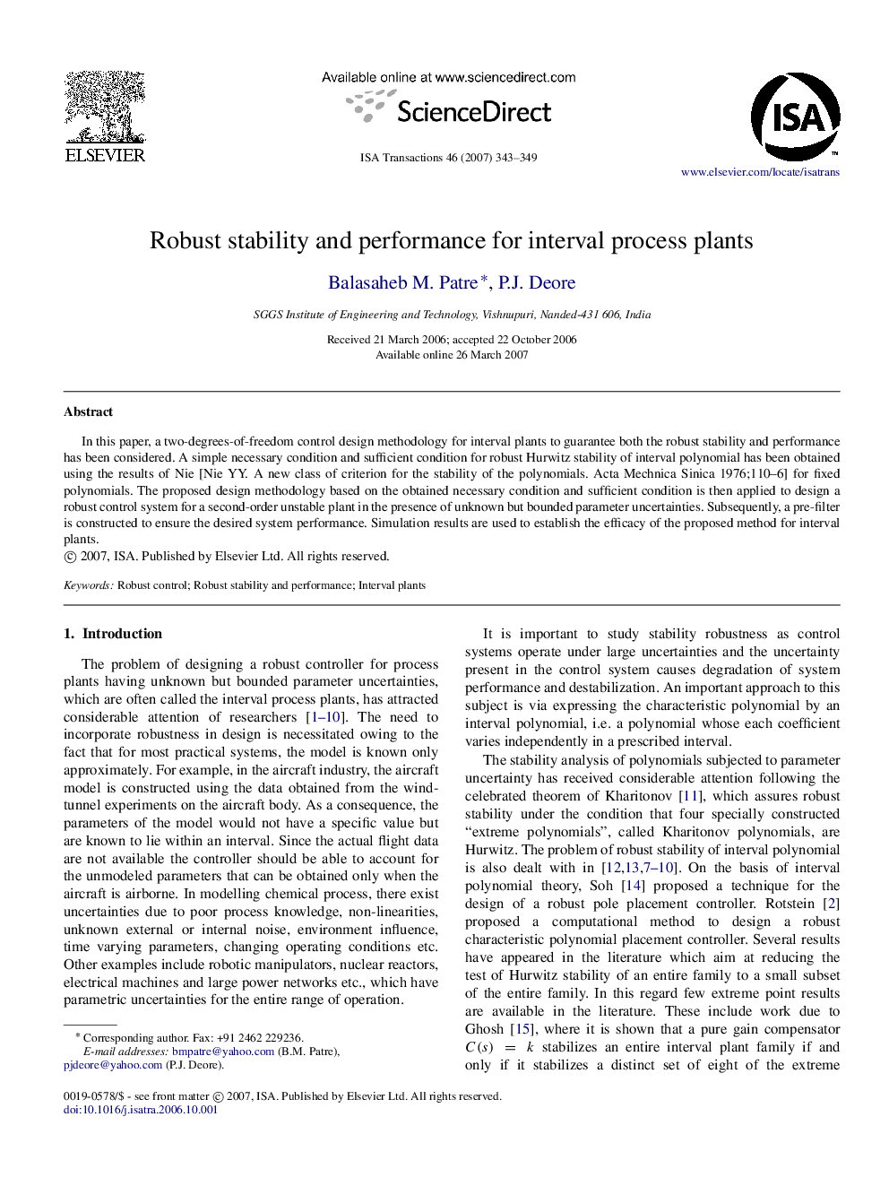 Robust stability and performance for interval process plants